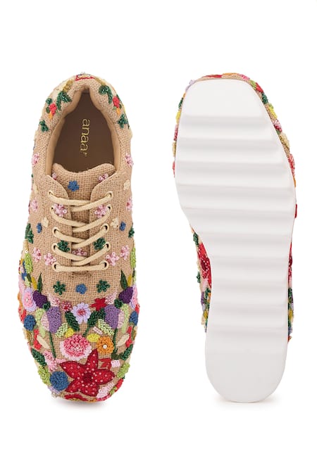 Shop Anaar Beige Cut Work, Sequins, Embroidery Wildflower Veil Embellished Wedge Sneakers at Aza Fashions Shop_Anaar_Beige Cut Work, Sequins, Embroidery Wildflower Veil Embellished Wedge Sneakers _at_Aza_Fashions
