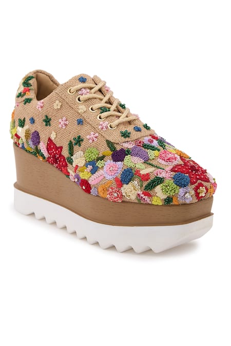 Anaar Beige Cut Work, Sequins, Embroidery Wildflower Veil Embellished Wedge Sneakers Online at Aza Fashions Anaar_Beige Cut Work, Sequins, Embroidery Wildflower Veil Embellished Wedge Sneakers _Online_at_Aza_Fashions