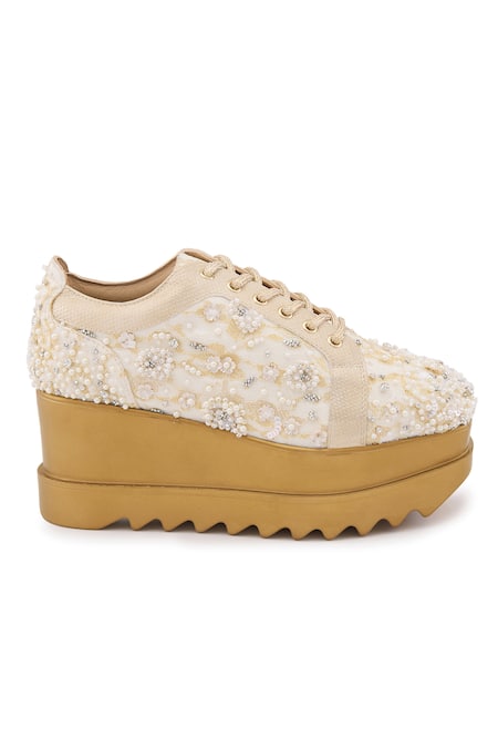 Buy Anaar Off White Lace, Pearls, Sequins, Stones First Dance Embellished Wedge Sneakers Online at Aza Fashions Buy_Anaar_Off White Lace, Pearls, Sequins, Stones First Dance Embellished Wedge Sneakers _Online_at_Aza_Fashions