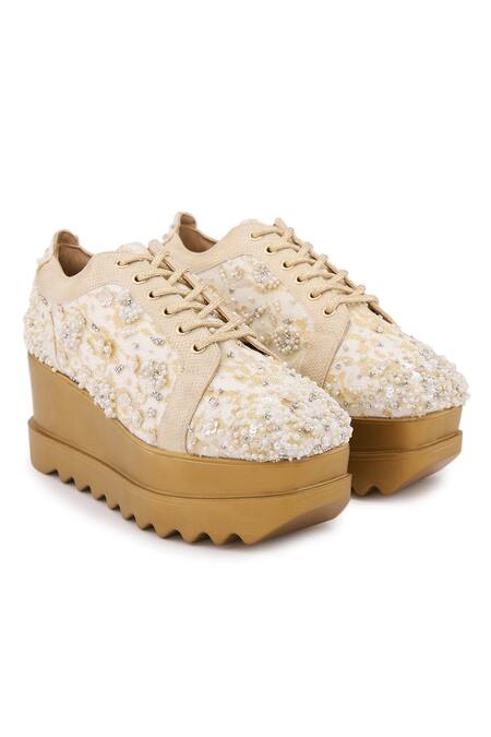 Anaar Off White Lace, Pearls, Sequins, Stones First Dance Embellished Wedge Sneakers at Aza Fashions Anaar_Off White Lace, Pearls, Sequins, Stones First Dance Embellished Wedge Sneakers _at_Aza_Fashions
