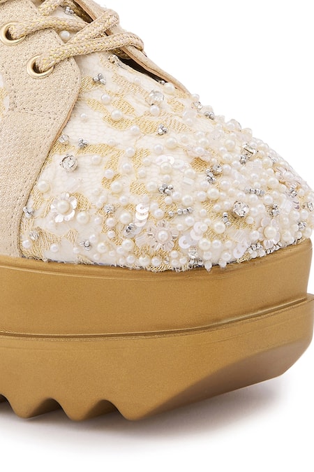 Buy Anaar Off White Lace, Pearls, Sequins, Stones First Dance Embellished Wedge Sneakers Buy_Anaar_Off White Lace, Pearls, Sequins, Stones First Dance Embellished Wedge Sneakers