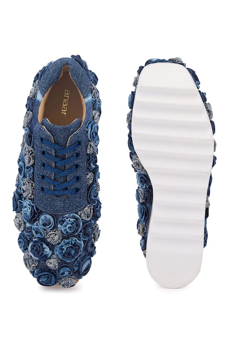 Shop Anaar Blue Pocket Roses Embroidered Wedge Sneakers at Aza Fashions Shop_Anaar_Blue Pocket Roses Embroidered Wedge Sneakers _at_Aza_Fashions