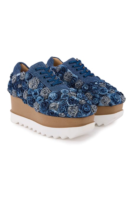 Anaar Blue Pocket Roses Embroidered Wedge Sneakers at Aza Fashions Anaar_Blue Pocket Roses Embroidered Wedge Sneakers _at_Aza_Fashions