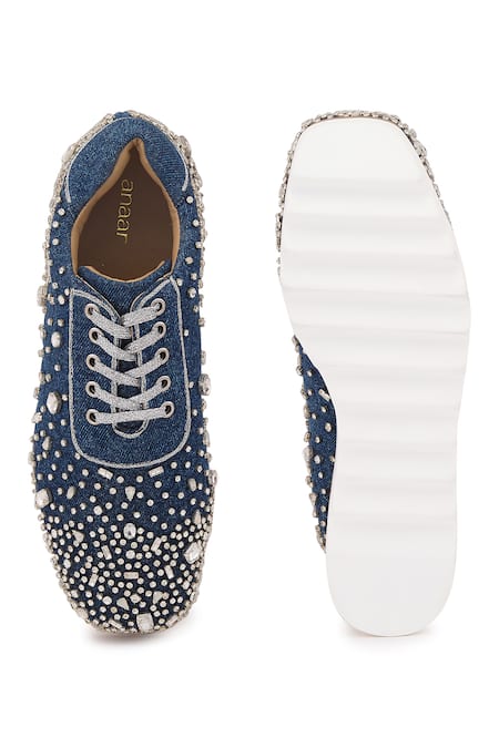 Shop Anaar Blue Dynasty Stone Embellished Wedge Sneakers at Aza Fashions Shop_Anaar_Blue Dynasty Stone Embellished Wedge Sneakers _at_Aza_Fashions