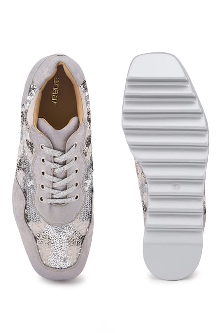 Shop_Anaar_Silver Sequins, Metallic Thread Euphoria Embellished Wedge Sneakers _at_Aza_Fashions