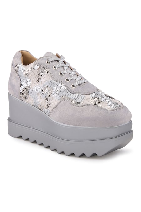 Anaar_Silver Sequins, Metallic Thread Euphoria Embellished Wedge Sneakers _Online_at_Aza_Fashions
