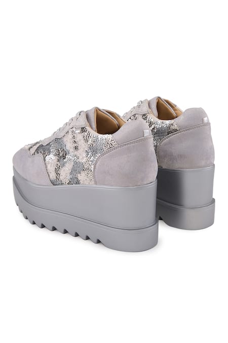 Shop_Anaar_Silver Sequins, Metallic Thread Euphoria Embellished Wedge Sneakers _Online_at_Aza_Fashions