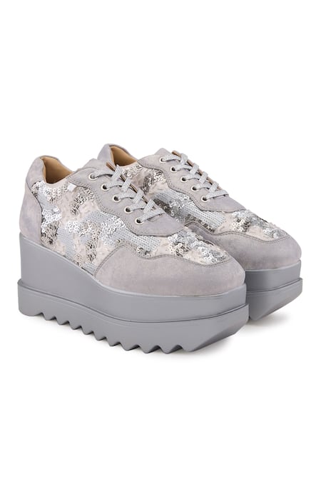Anaar_Silver Sequins, Metallic Thread Euphoria Embellished Wedge Sneakers _at_Aza_Fashions
