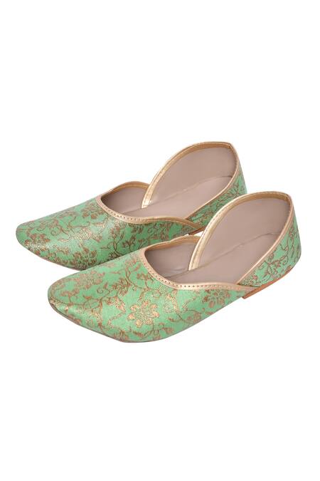 Shop_Arihant Rai Sinha_Green Gardenia Jacquard Woven Juttis_at_Aza_Fashions