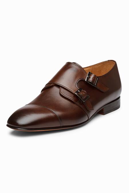 3dm Lifestyle_Brown Plain Off-centred Double Monk Strap Leather Shoes _Online_at_Aza_Fashions
