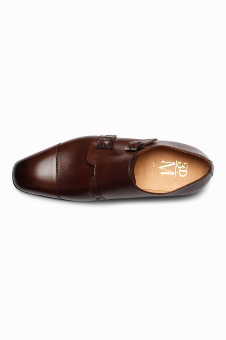 3dm Lifestyle_Brown Plain Off-centred Double Monk Strap Leather Shoes _at_Aza_Fashions