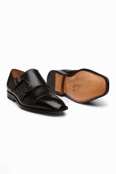 Shop_3dm Lifestyle_Black Plain Leather Double Monk Strap Shoes _Online_at_Aza_Fashions