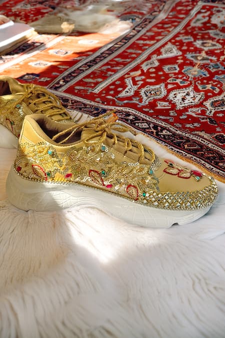 Chal Jooti_Gold Ballad Of Colours Floral Embellished Sneakers _Online_at_Aza_Fashions