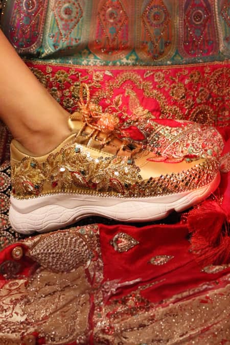 Shop_Chal Jooti_Gold Ballad Of Colours Floral Embellished Sneakers _Online_at_Aza_Fashions