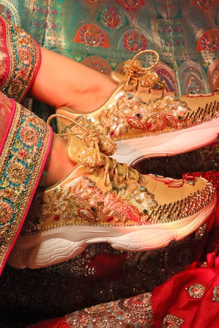 Chal Jooti_Gold Ballad Of Colours Floral Embellished Sneakers _at_Aza_Fashions
