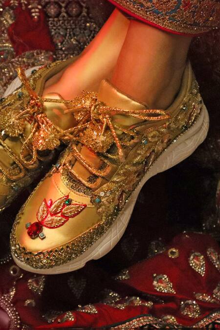 Shop_Chal Jooti_Gold Ballad Of Colours Floral Embellished Sneakers 