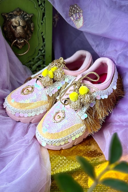Buy_Chal Jooti_Pink Princess Candy Tassel Embellished Sneakers _Online_at_Aza_Fashions