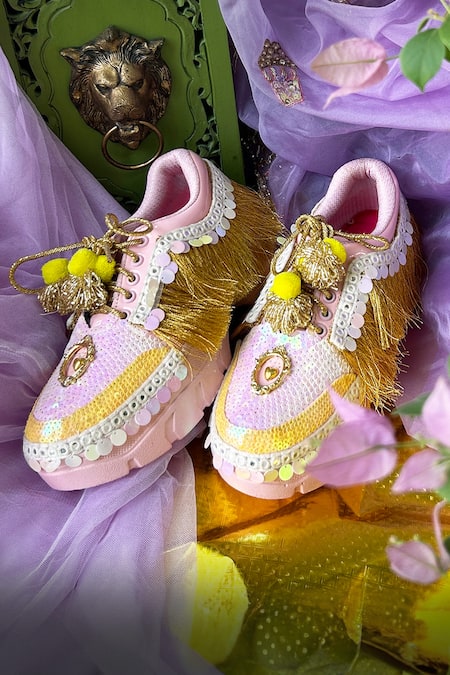 Shop_Chal Jooti_Pink Princess Candy Tassel Embellished Sneakers _Online_at_Aza_Fashions