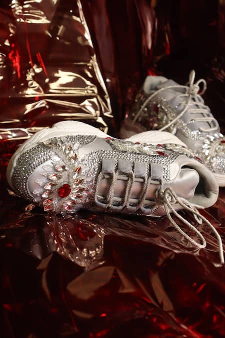 Chal Jooti_Silver Cherry Sparkle Leaf Patchwork Sneakers_Online_at_Aza_Fashions