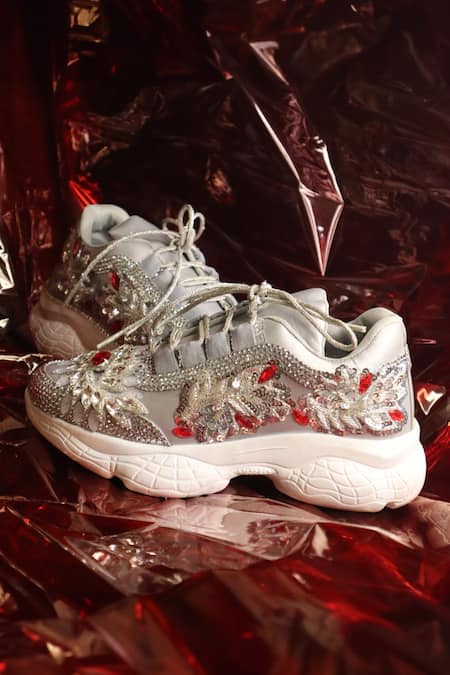 Buy_Chal Jooti_Silver Cherry Sparkle Leaf Patchwork Sneakers_Online_at_Aza_Fashions