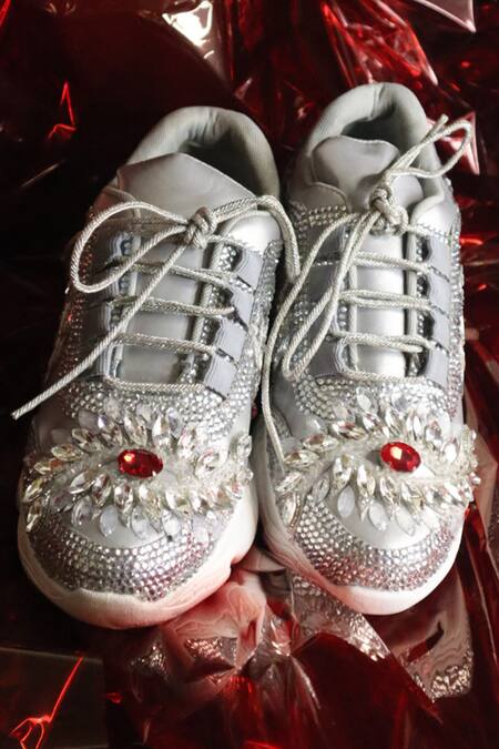 Chal Jooti_Silver Cherry Sparkle Leaf Patchwork Sneakers_at_Aza_Fashions
