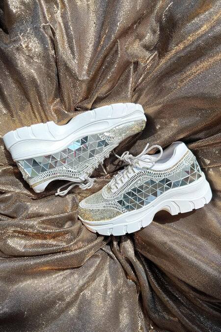 Chal Jooti_Silver Disco 82 Mirrorwork Sneakers_Online_at_Aza_Fashions