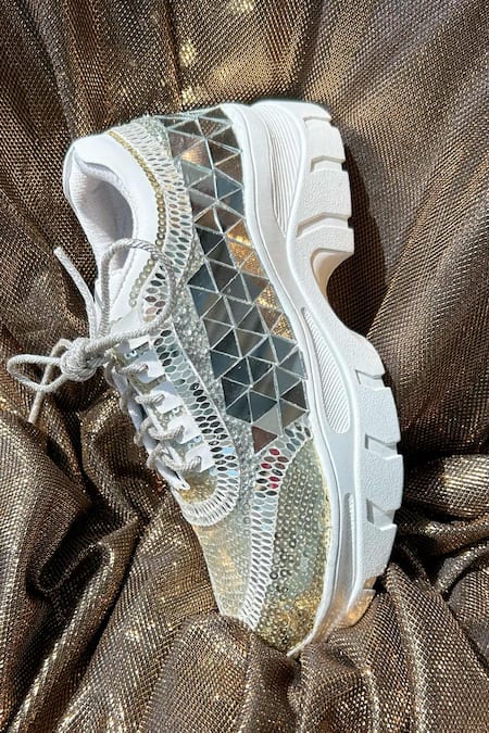 Buy_Chal Jooti_Silver Disco 82 Mirrorwork Sneakers_Online_at_Aza_Fashions