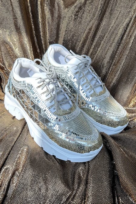 Shop_Chal Jooti_Silver Disco 82 Mirrorwork Sneakers_Online_at_Aza_Fashions