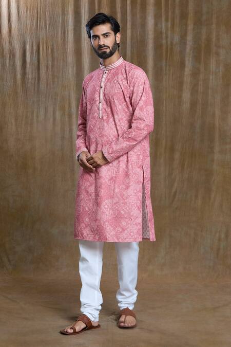 Shop_Arihant Rai Sinha_Pink Cotton, Silk Sequins, Embroidery Paisley Print Lucknowi Kurta And Pyjama Set_Online_at_Aza_Fashions