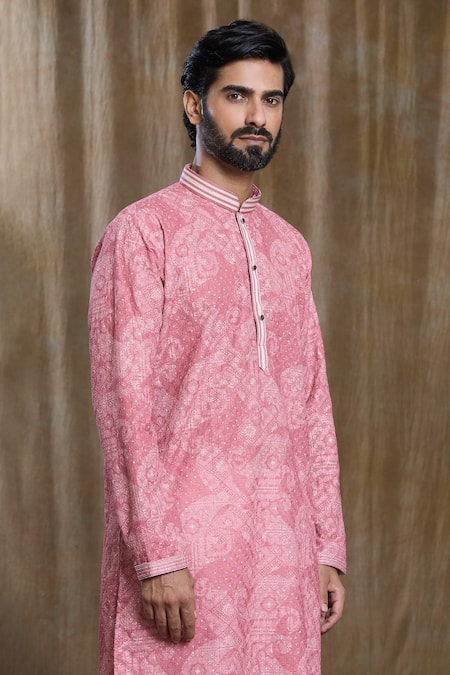 Arihant Rai Sinha_Pink Cotton, Silk Sequins, Embroidery Paisley Print Lucknowi Kurta And Pyjama Set_at_Aza_Fashions