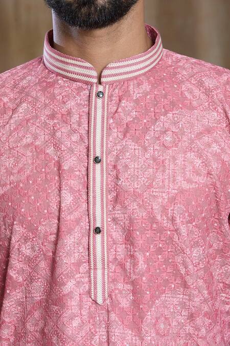 Buy_Arihant Rai Sinha_Pink Cotton, Silk Sequins, Embroidery Paisley Print Lucknowi Kurta And Pyjama Set