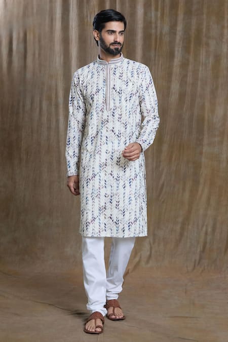 Aryavir Malhotra White Kurta Cotton Printed Sequin Chevron Lucknowi With Pyjama 