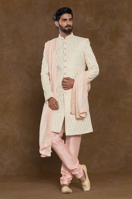 Aryavir Malhotra Peach Sherwani Pure Silk Hand Work Floral Sequin Embellished Set