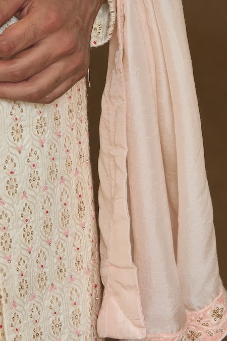 Arihant Rai Sinha_Peach Silk, Chanderi, Denim Sequins, Beads Embellished Sherwani Set_Online_at_Aza_Fashions