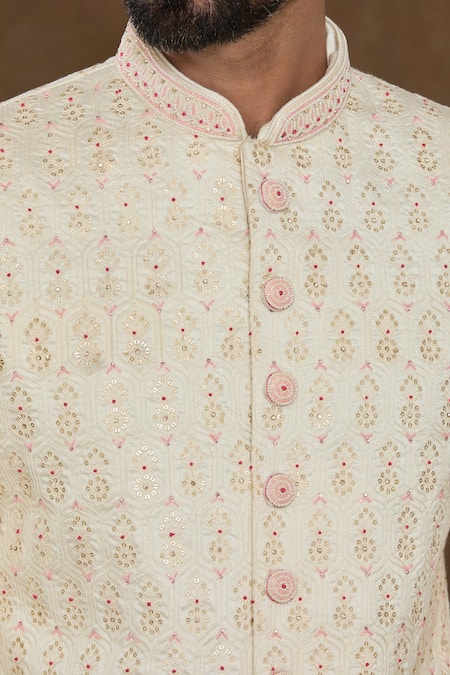 Buy_Arihant Rai Sinha_Peach Silk, Chanderi, Denim Sequins, Beads Embellished Sherwani Set_Online_at_Aza_Fashions