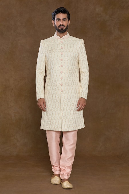 Shop_Arihant Rai Sinha_Peach Silk, Chanderi, Denim Sequins, Beads Embellished Sherwani Set_Online_at_Aza_Fashions