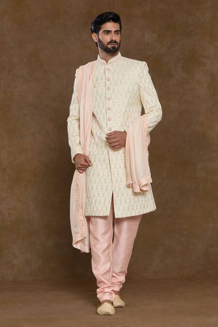 Arihant Rai Sinha_Peach Silk, Chanderi, Denim Sequins, Beads Embellished Sherwani Set_at_Aza_Fashions