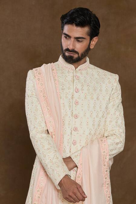 Buy_Arihant Rai Sinha_Peach Silk, Chanderi, Denim Sequins, Beads Embellished Sherwani Set