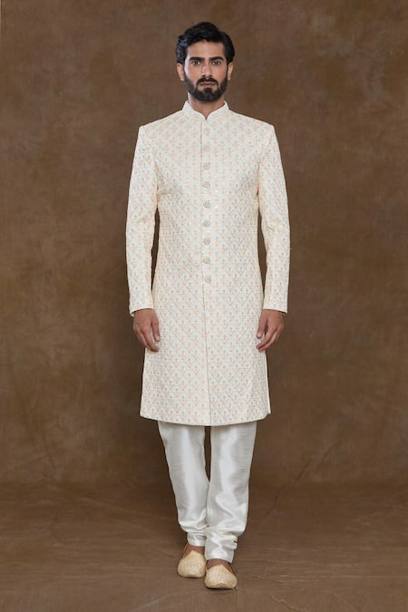 Arihant Rai Sinha_Cream Silk, Denim Sequins Embellished Sherwani Churidar Set_Online_at_Aza_Fashions