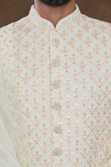 Buy_Arihant Rai Sinha_Cream Silk, Denim Sequins Embellished Sherwani Churidar Set_Online_at_Aza_Fashions