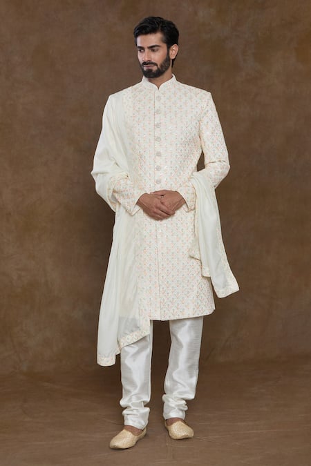 Shop_Arihant Rai Sinha_Cream Silk, Denim Sequins Embellished Sherwani Churidar Set_Online_at_Aza_Fashions