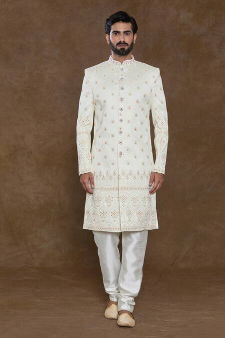 Arihant Rai Sinha_Off White Silk, Chanderi, Denim Floral Buta Embellished Sherwani Churidar Set_Online_at_Aza_Fashions