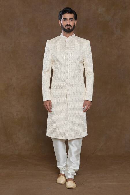 Arihant Rai Sinha_Cream Silk, Chanderi Sequins, Zig-zag Pattern Embellished Sherwani Churidar Set_Online_at_Aza_Fashions