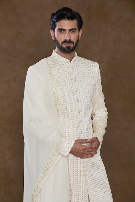 Shop_Arihant Rai Sinha_Cream Silk, Chanderi Sequins, Zig-zag Pattern Embellished Sherwani Churidar Set_Online_at_Aza_Fashions