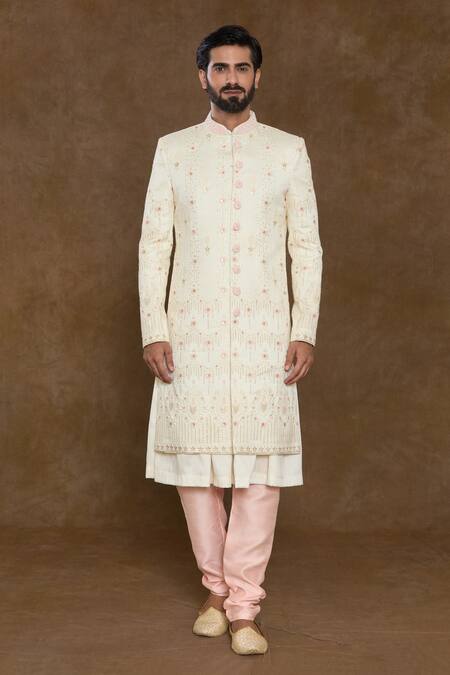 Buy_Arihant Rai Sinha_Peach Silk, Denim, Chanderi Sequins, Beads Floral Embellished Sherwani Kurta Set_Online_at_Aza_Fashions