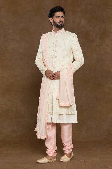 Shop_Arihant Rai Sinha_Peach Silk, Denim, Chanderi Sequins, Beads Floral Embellished Sherwani Kurta Set_Online_at_Aza_Fashions