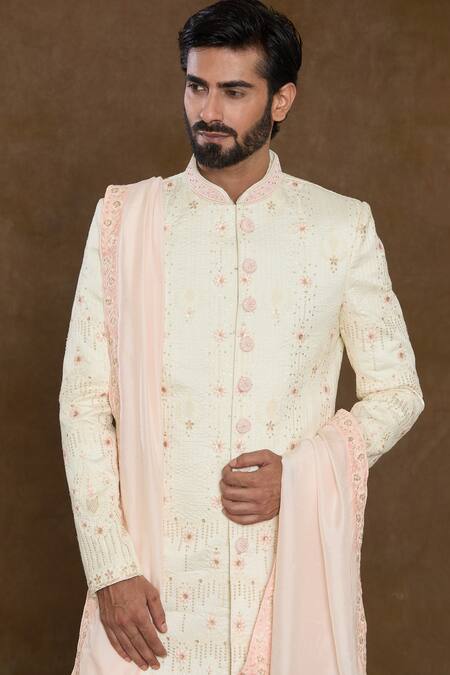 Arihant Rai Sinha_Peach Silk, Denim, Chanderi Sequins, Beads Floral Embellished Sherwani Kurta Set_at_Aza_Fashions