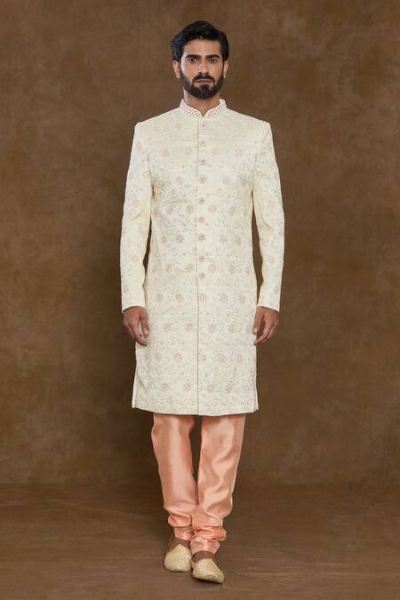 Arihant Rai Sinha_Cream Silk, Chanderi Sequins, Beads Floral Embellished Sherwani Set_Online_at_Aza_Fashions