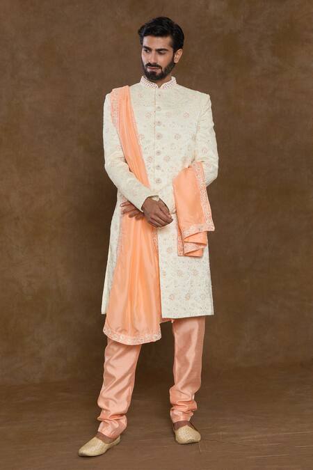 Buy_Arihant Rai Sinha_Cream Silk, Chanderi Sequins, Beads Floral Embellished Sherwani Set_Online_at_Aza_Fashions