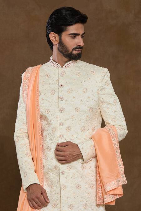 Shop_Arihant Rai Sinha_Cream Silk, Chanderi Sequins, Beads Floral Embellished Sherwani Set_Online_at_Aza_Fashions